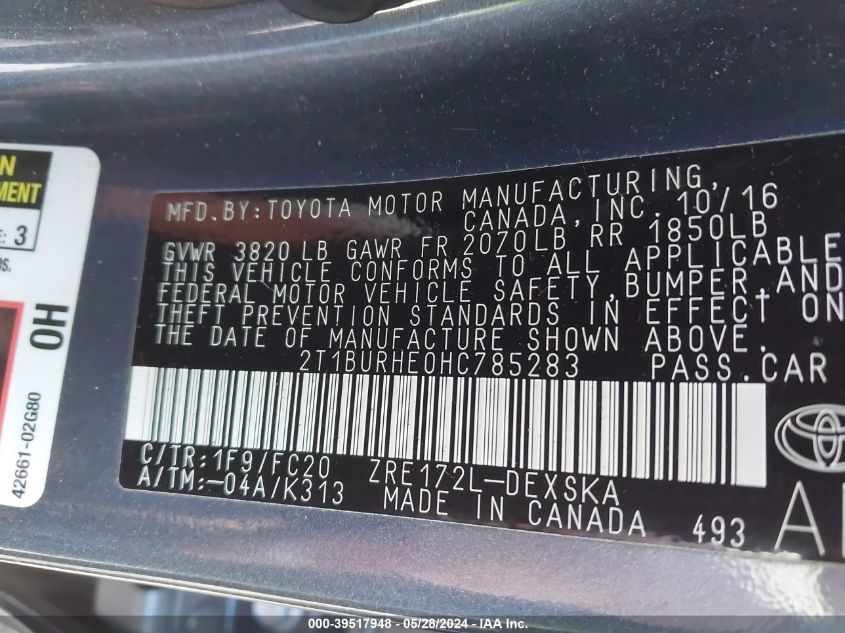 2017 Toyota Corolla Se VIN: 2T1BURHE0HC785283 Lot: 39517948