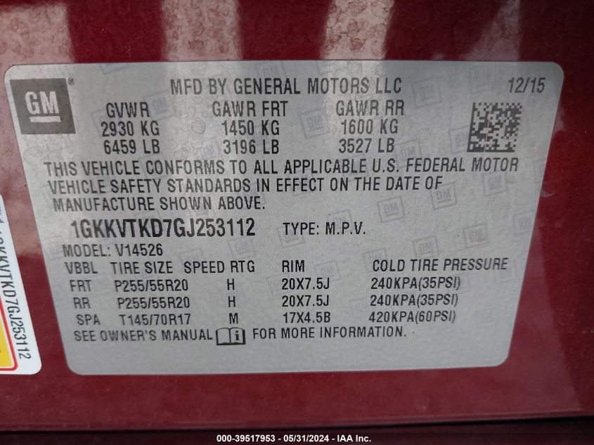 2016 GMC Acadia Denali VIN: 1GKKVTKD7GJ253112 Lot: 39517953