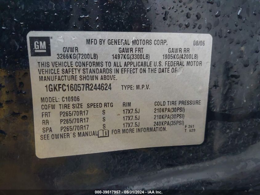 2007 GMC Yukon Xl 1500 Slt VIN: 1GKFC16057R244624 Lot: 39517957