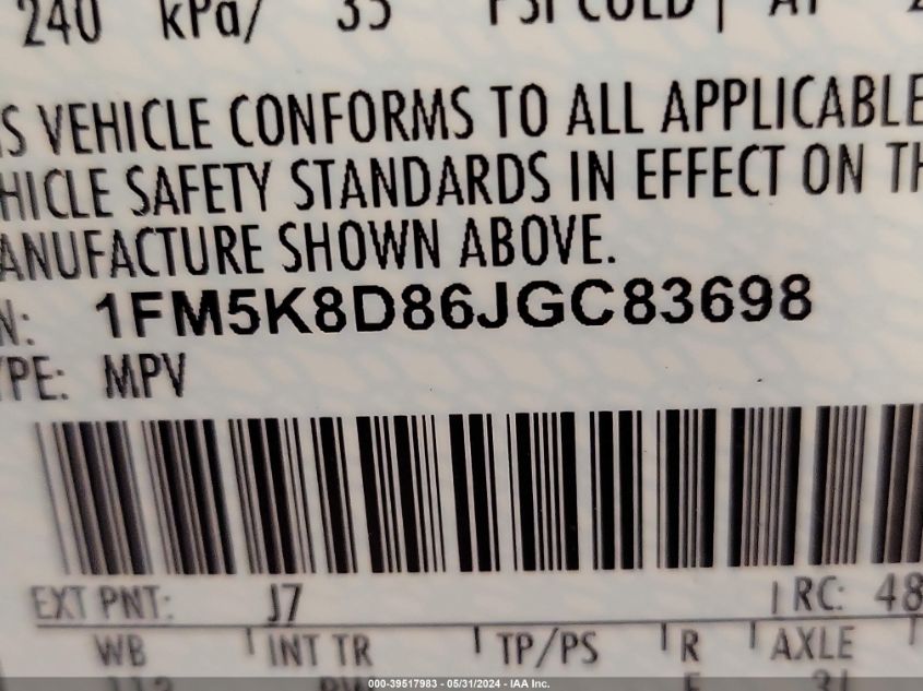 2018 Ford Explorer Xlt VIN: 1FM5K8D86JGC83698 Lot: 39517983