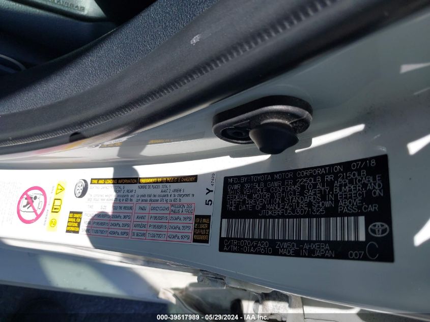 2018 Toyota Prius Two VIN: JTDKBRFU5J3071325 Lot: 39517989