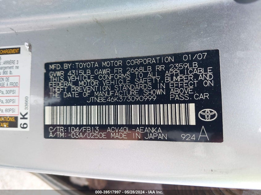 2007 Toyota Camry Ce/Le/Se/Xle VIN: JTNBE46K373090999 Lot: 39517997