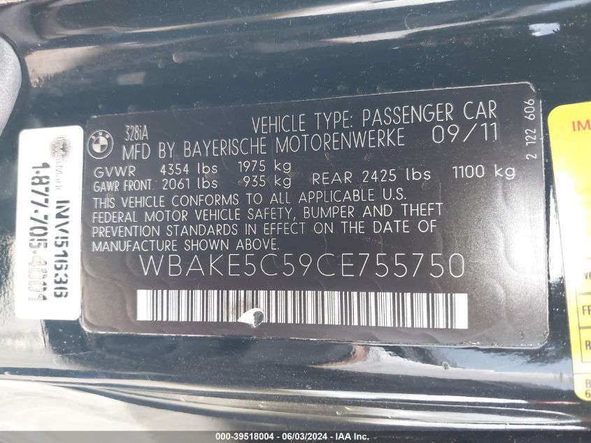 2012 BMW 328I VIN: WBAKE5C59CE755750 Lot: 39518004