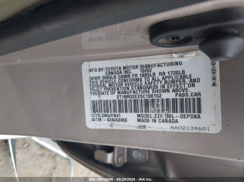 2003 Toyota Corolla Ce VIN: 2T1BR32E23C100152 Lot: 39518006