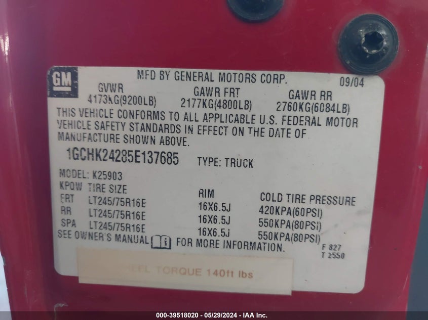 2005 Chevrolet Silverado 2500Hd Ls VIN: 1GCHK24285E137685 Lot: 39518020