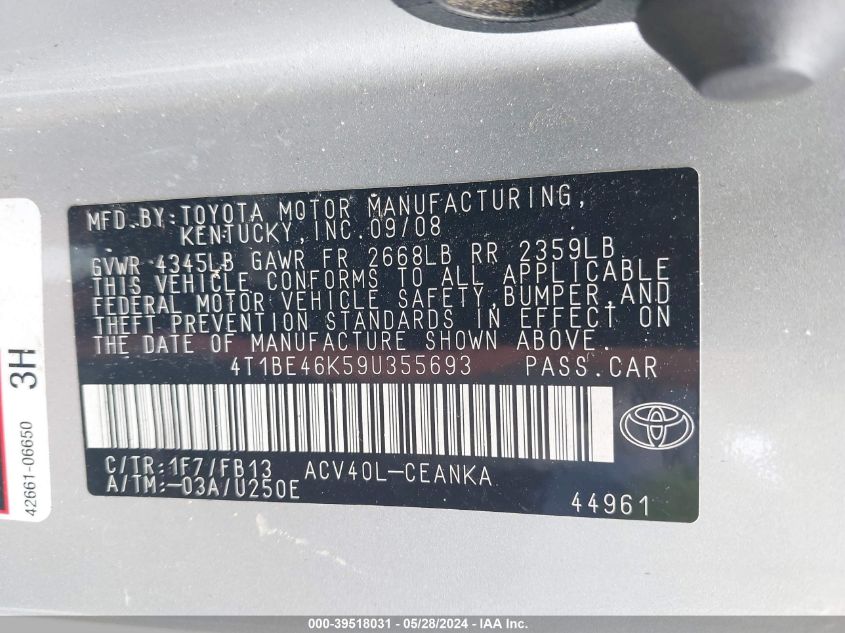 2009 Toyota Camry Le VIN: 4T1BE46K59U355693 Lot: 39518031