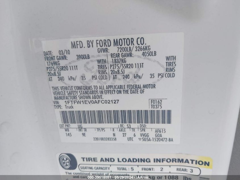 2010 Ford F-150 Fx4/Harley-Davidson/King Ranch/Lariat/Platinum/Xl/Xlt VIN: 1FTFW1EV0AFC02127 Lot: 39518051