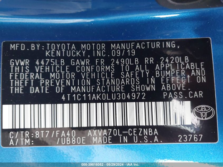 2020 Toyota Camry Le VIN: 4T1C11AK0LU304972 Lot: 39518052