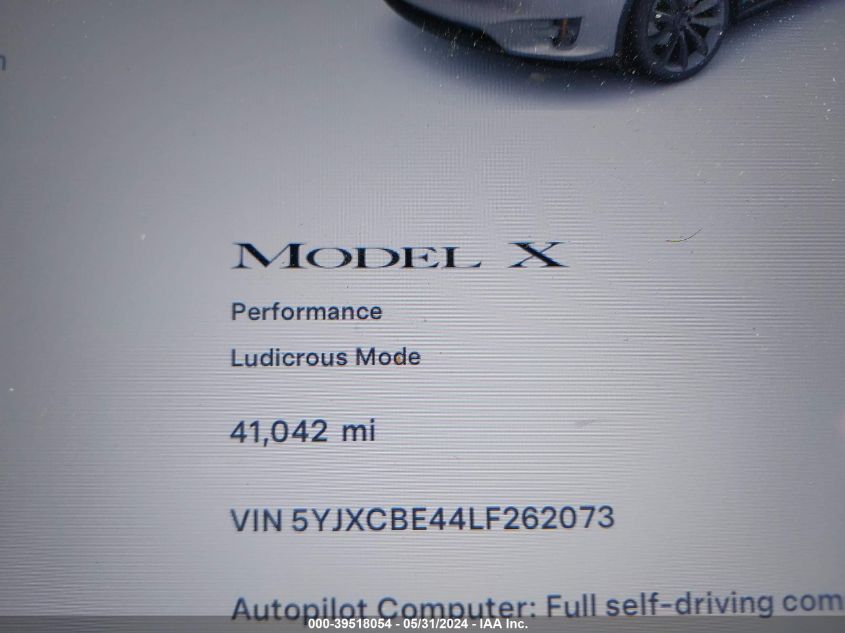 2020 Tesla Model X Performance Dual Motor All-Wheel Drive VIN: 5YJXCBE44LF262073 Lot: 39518054