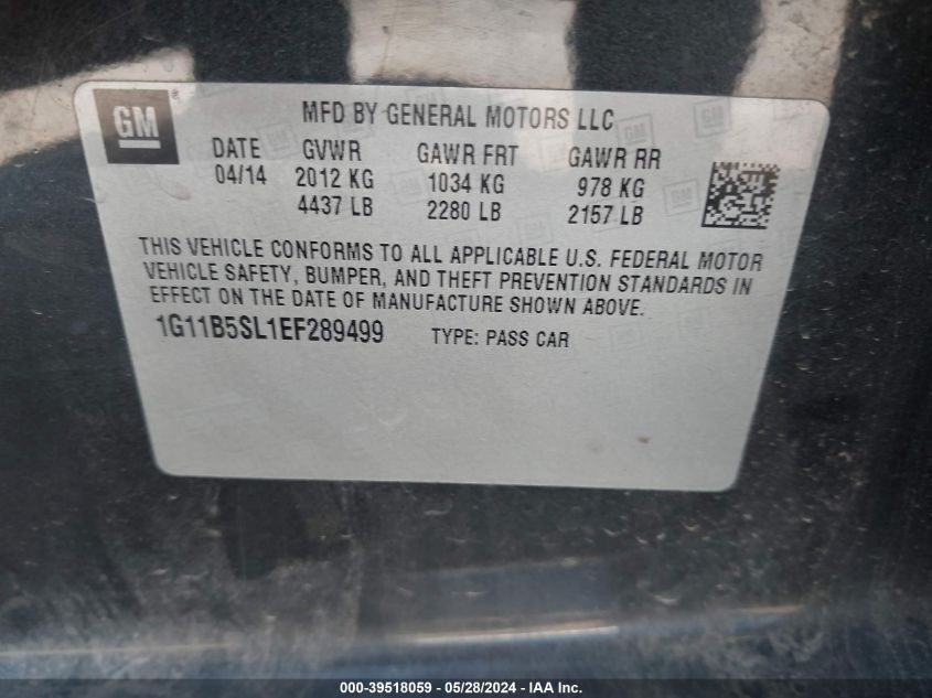 2014 Chevrolet Malibu 1Ls VIN: 1G11B5SL1EF289499 Lot: 39518059