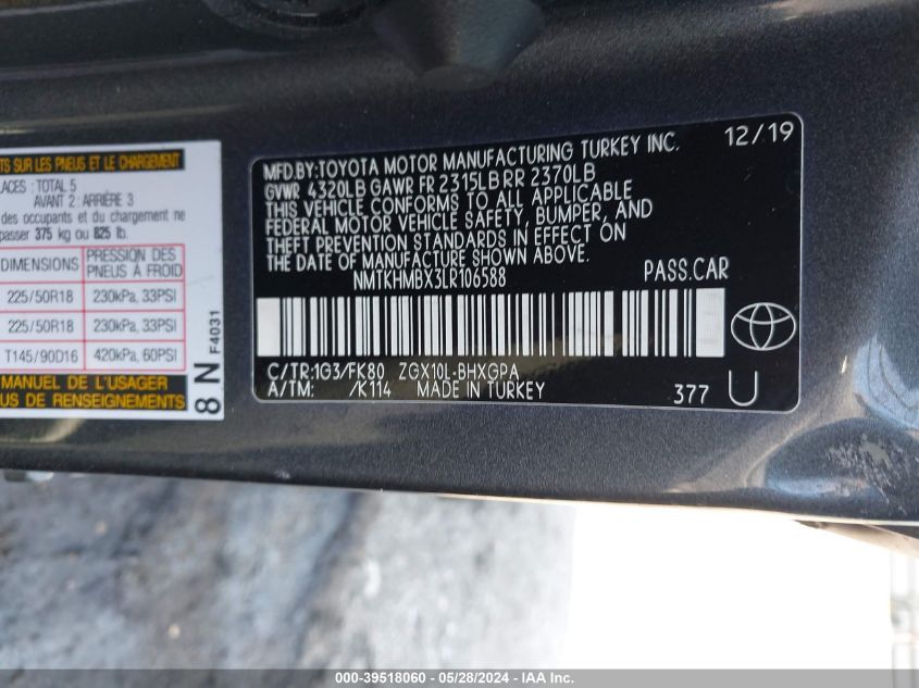 2020 Toyota C-Hr Xle VIN: NMTKHMBX3LR106588 Lot: 39518060