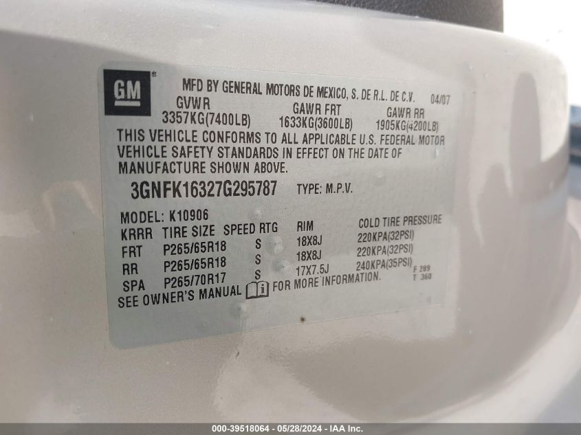 2007 Chevrolet Suburban 1500 Lt VIN: 3GNFK16327G295787 Lot: 39518064