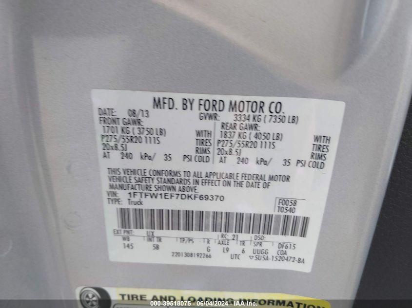 2013 Ford F-150 Fx4 VIN: 1FTFW1EF7DKF69370 Lot: 39518075