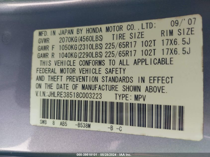 2008 Honda Cr-V Ex VIN: JHLRE38518C003223 Lot: 39518101