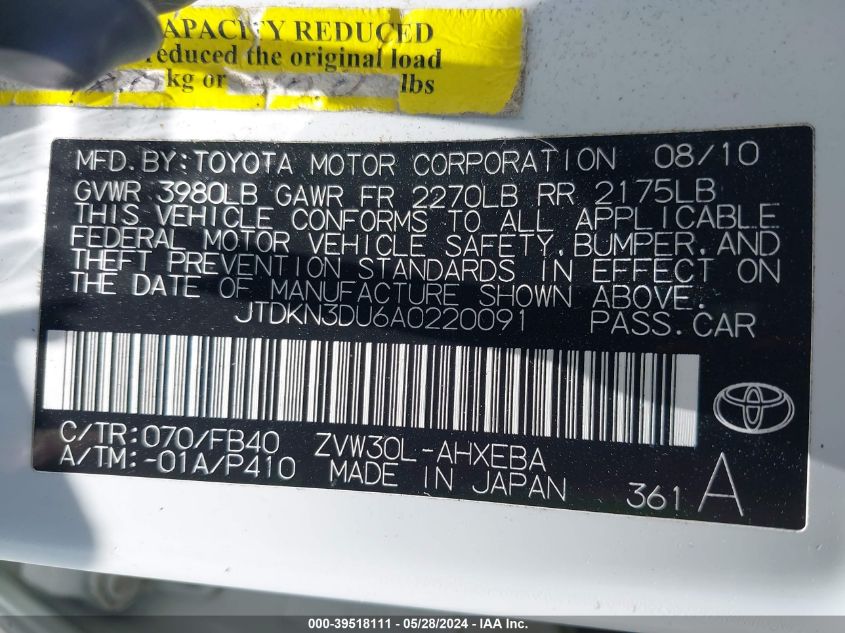 2010 Toyota Prius Ii VIN: JTDKN3DU6A0220091 Lot: 39518111