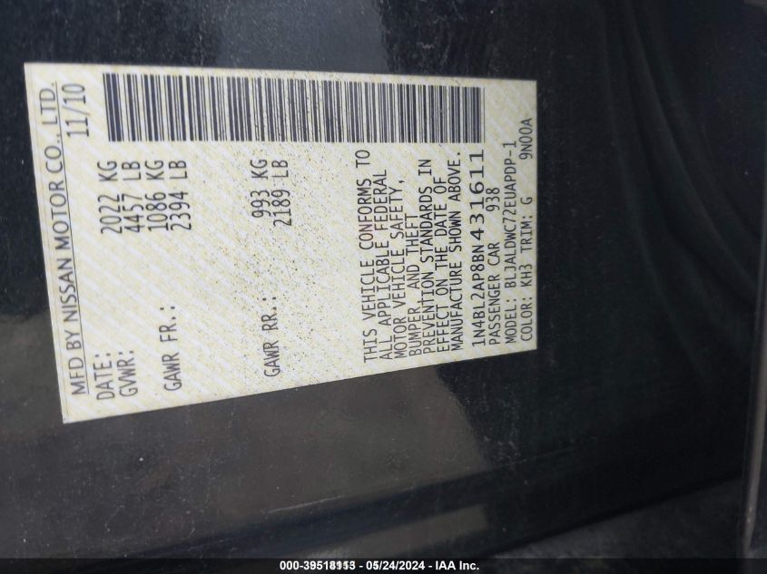 2011 Nissan Altima 3.5 Sr VIN: 1N4BL2AP8BN431611 Lot: 39518113