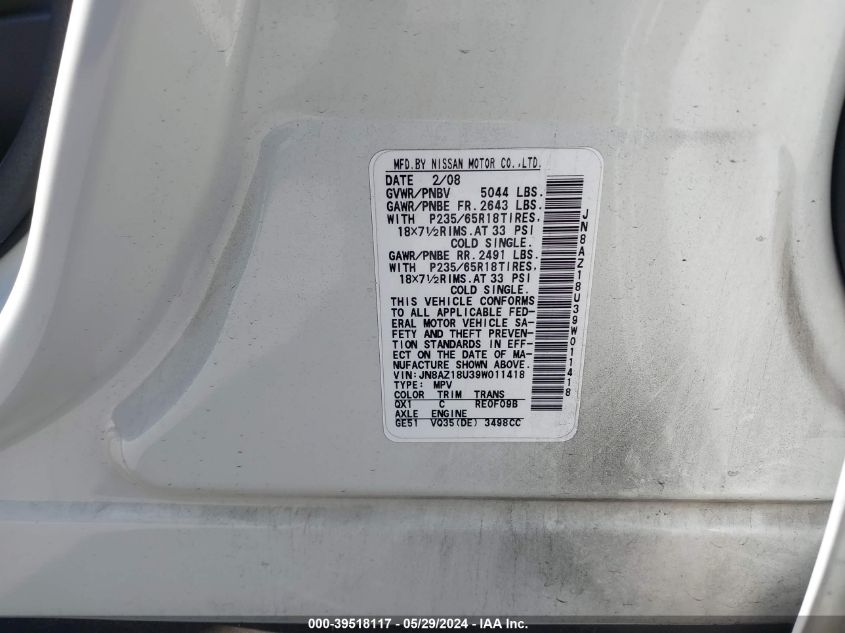 2009 Nissan Murano S VIN: JN8AZ18U39W011418 Lot: 39518117