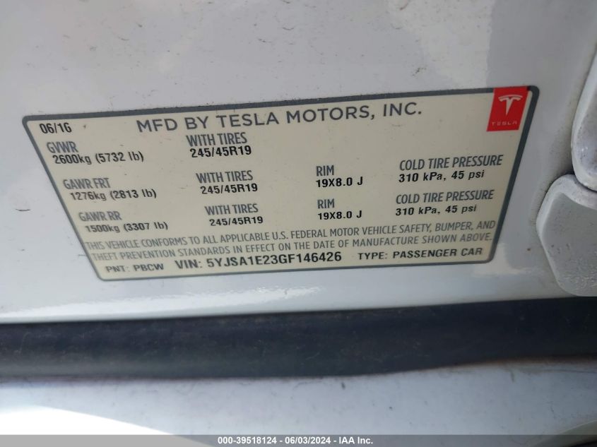 5YJSA1E23GF146426 2016 Tesla Model S 60D/70D/75D/85D/90D