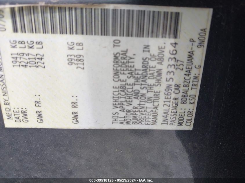 2009 Nissan Altima 2.5 S VIN: 1N4AL21E69N533364 Lot: 39518126