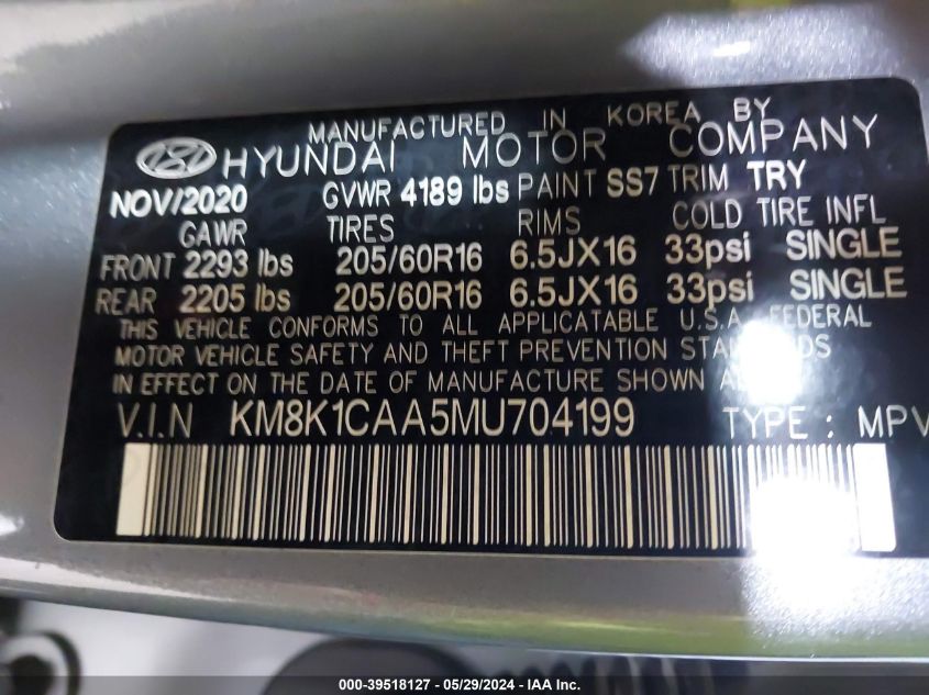 2021 Hyundai Kona Se VIN: KM8K1CAA5MU704199 Lot: 39518127