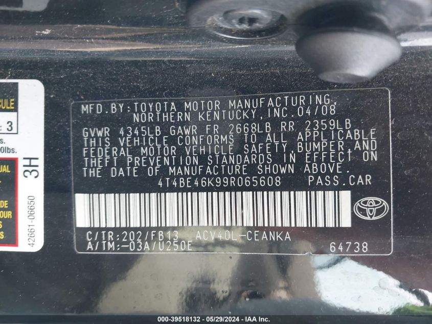 2009 Toyota Camry Le VIN: 4T4BE46K99R065608 Lot: 39518132