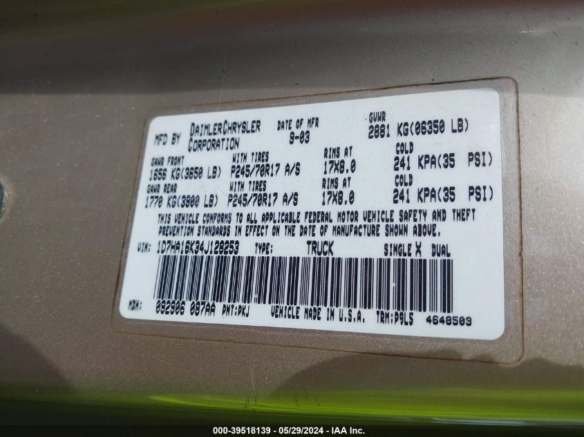 2004 Dodge Ram 1500 St VIN: 1D7HA16K34J128253 Lot: 39518139