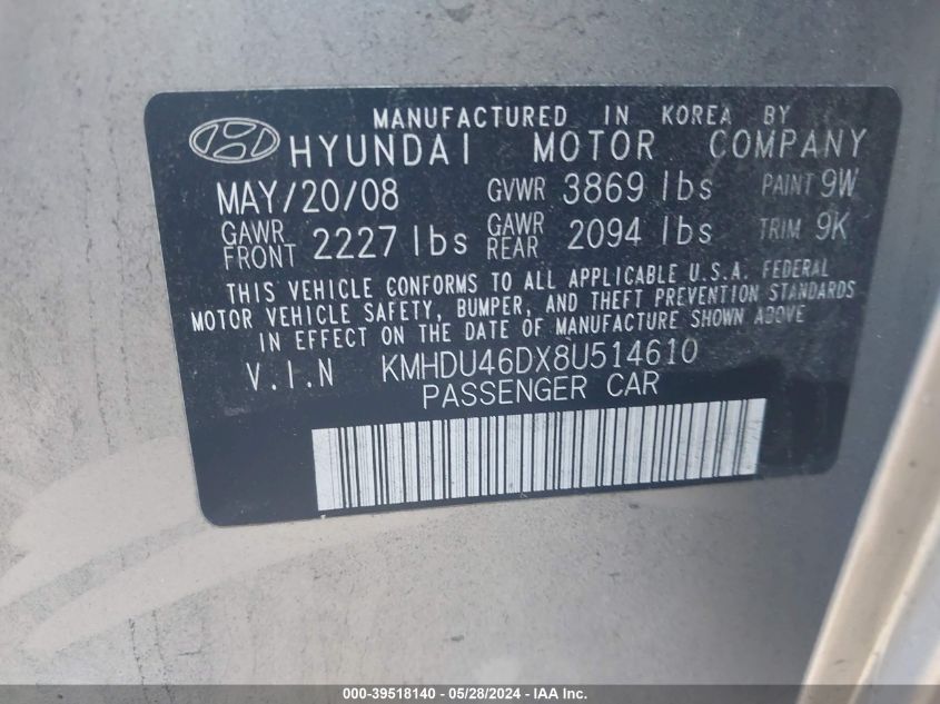 2008 Hyundai Elantra Gls/Se VIN: KMHDU46DX8U514610 Lot: 39518140