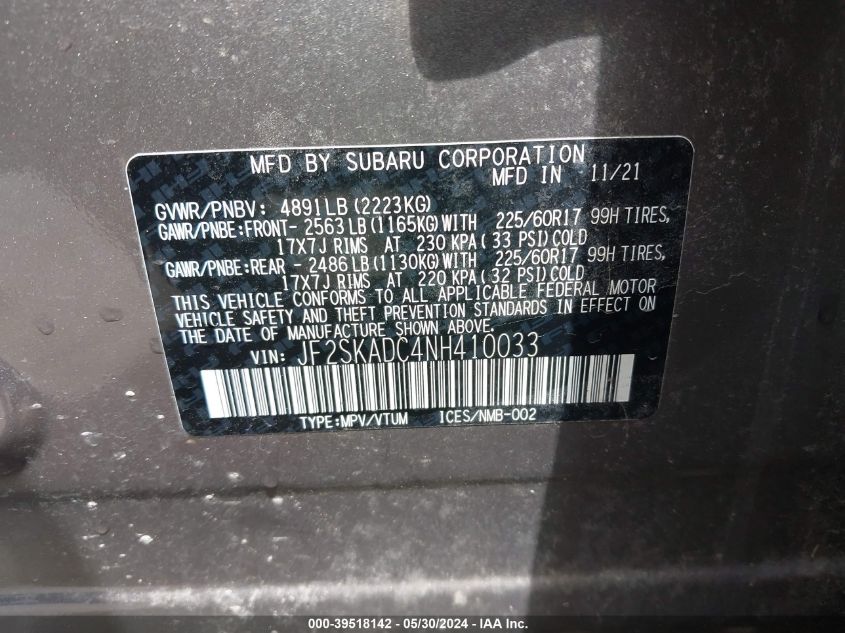 2022 Subaru Forester Premium VIN: JF2SKADC4NH410033 Lot: 39518142