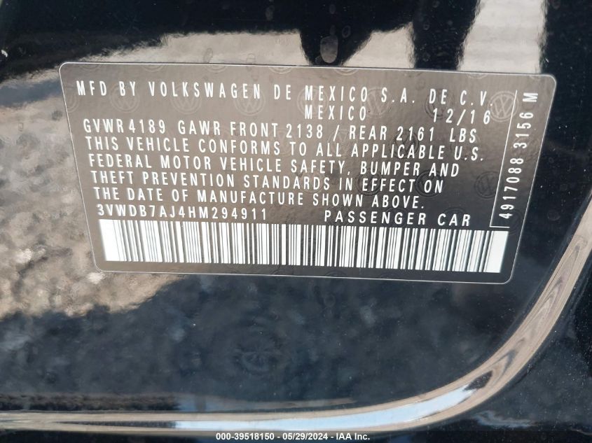 2017 Volkswagen Jetta 1.4T Se VIN: 3VWDB7AJ4HM294911 Lot: 39518150