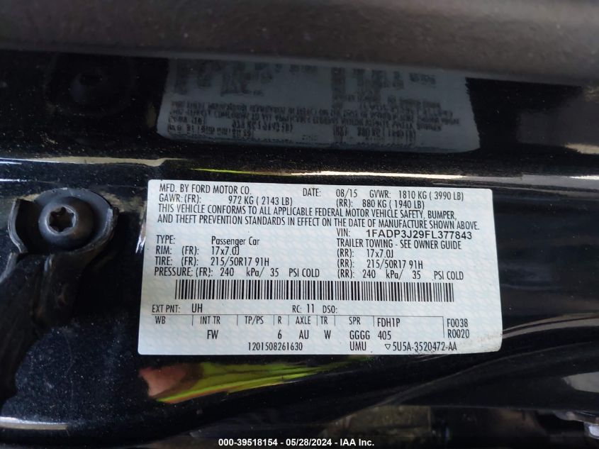 2015 Ford Focus Titanium VIN: 1FADP3J29FL377843 Lot: 39518154