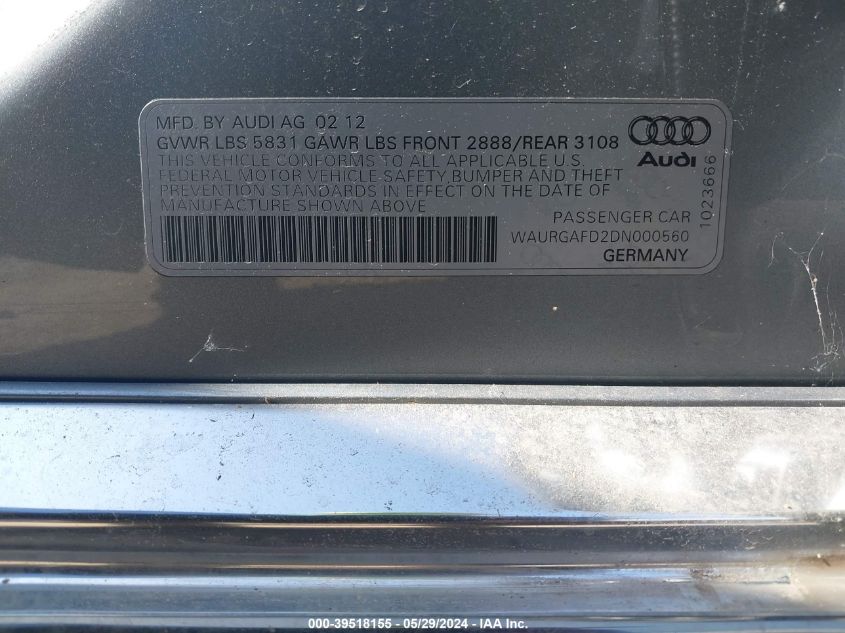 2013 Audi A8 L 3.0L VIN: WAURGAFD2DN000560 Lot: 39518155