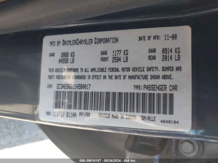 2001 Chrysler 300M VIN: 2C3AE66G11H580017 Lot: 39518157