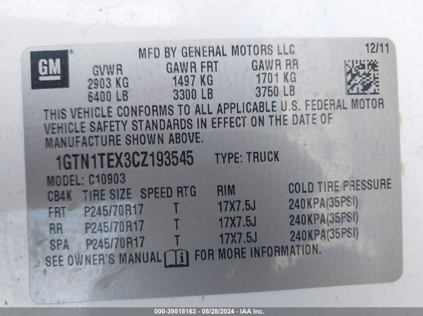 2012 GMC Sierra 1500 Work Truck VIN: 1GTN1TEX3CZ193545 Lot: 39518163