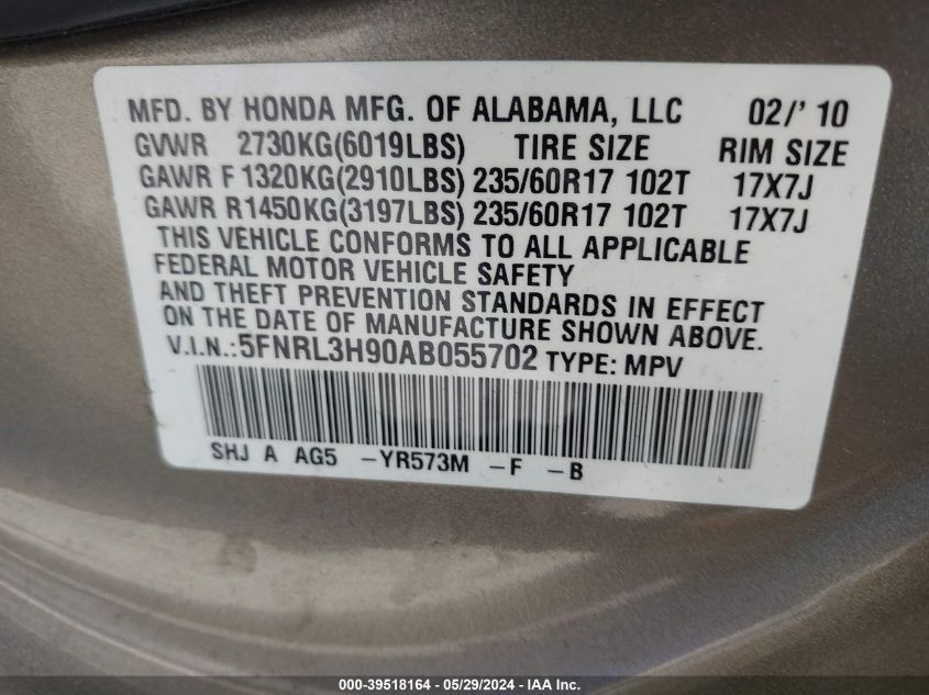 2010 Honda Odyssey Touring VIN: 5FNRL3H90AB055702 Lot: 39518164