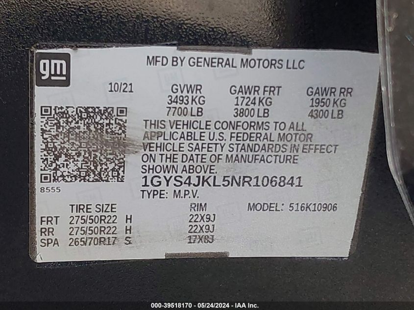 2022 Cadillac Escalade Esv 4Wd Luxury VIN: 1GYS4JKL5NR106841 Lot: 39518170