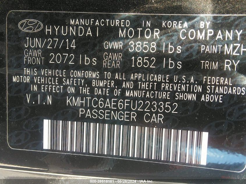 2015 Hyundai Veloster Turbo VIN: KMHTC6AE6FU223352 Lot: 39518181