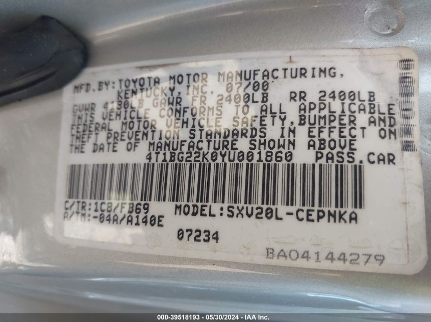 2000 Toyota Camry Le VIN: 4T1BG22K0YU001860 Lot: 39518193