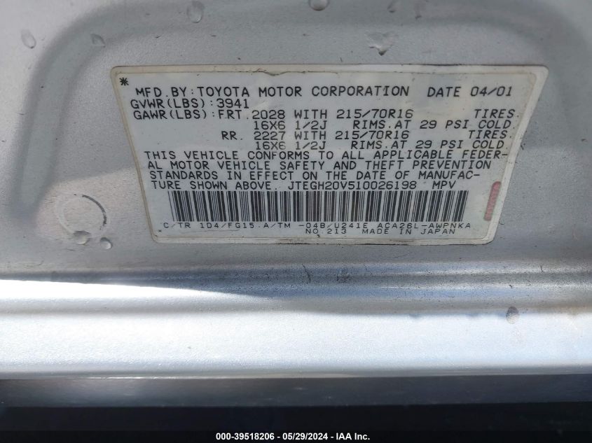 2001 Toyota Rav4 VIN: JTEGH20V510026198 Lot: 39518206