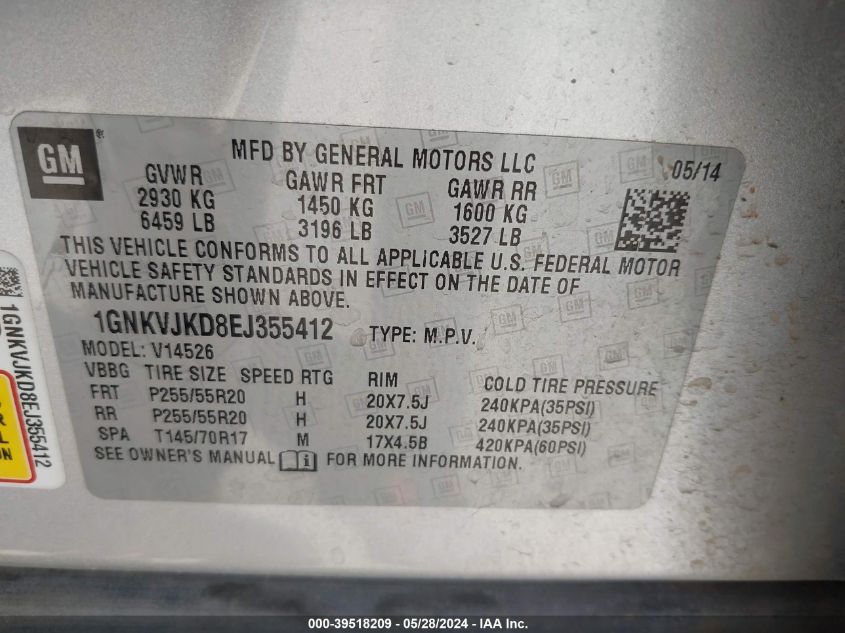 2014 Chevrolet Traverse Ltz VIN: 1GNKVJKD8EJ355412 Lot: 39518209