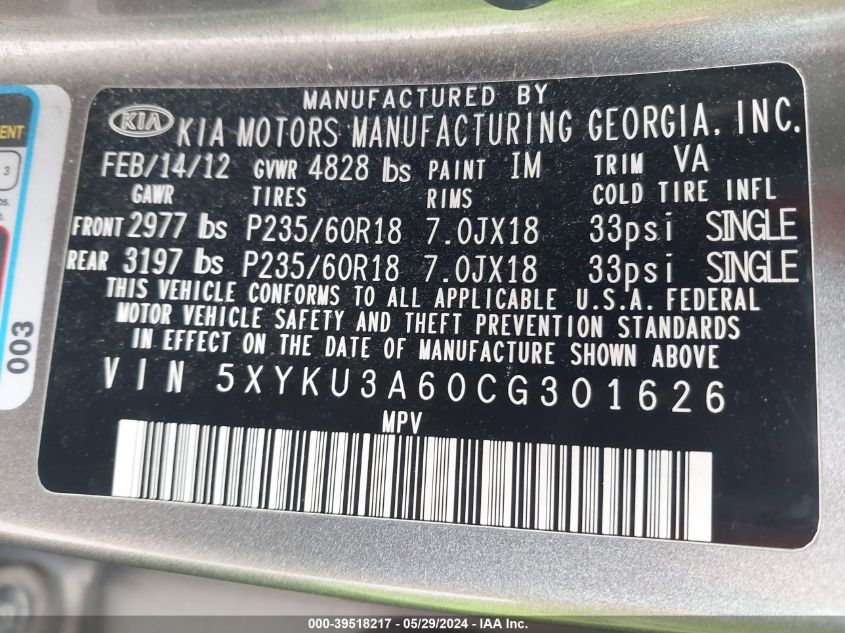 2012 Kia Sorento Ex VIN: 5XYKU3A60CG301626 Lot: 39518217