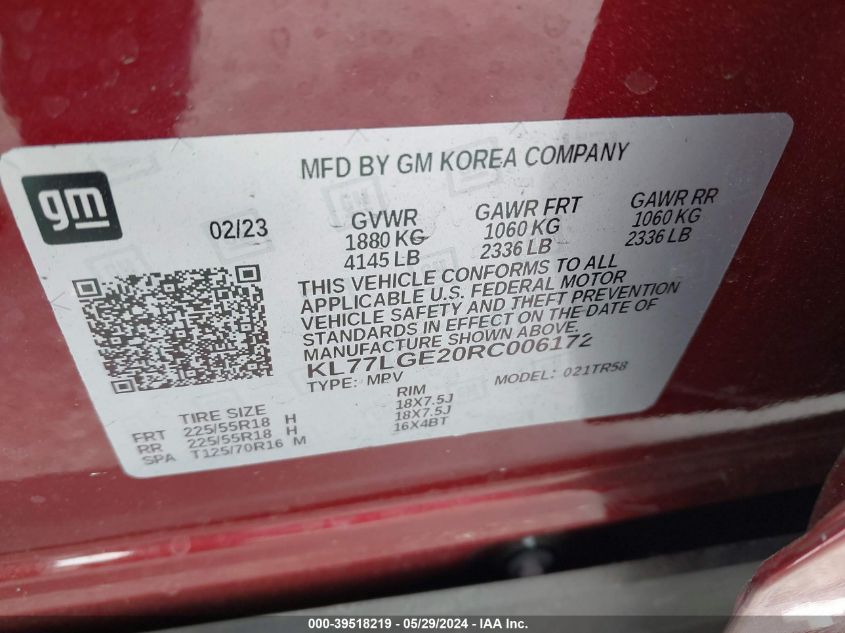 2024 Chevrolet Trax Fwd 1Rs VIN: KL77LGE20RC006172 Lot: 39518219