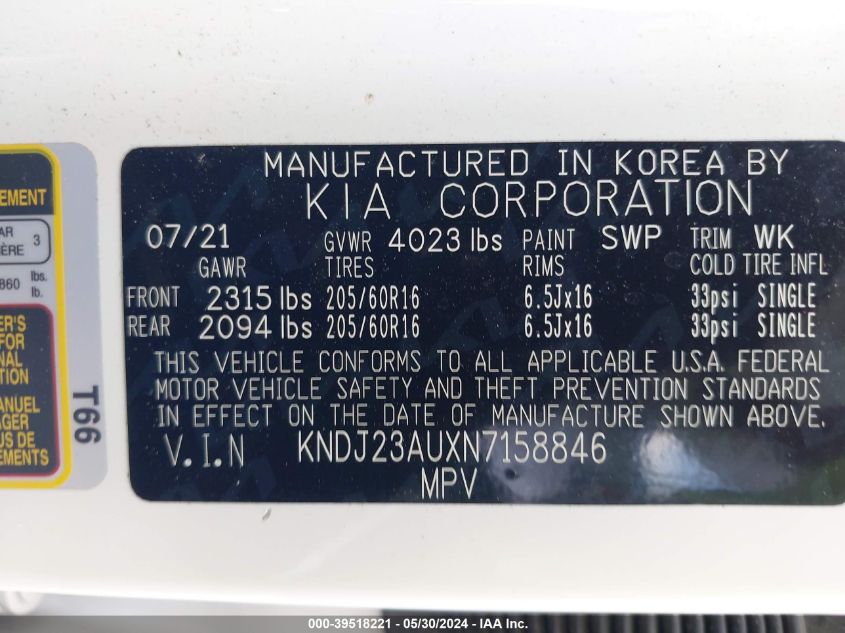 2022 Kia Soul Lx VIN: KNDJ23AUXN7158846 Lot: 39518221