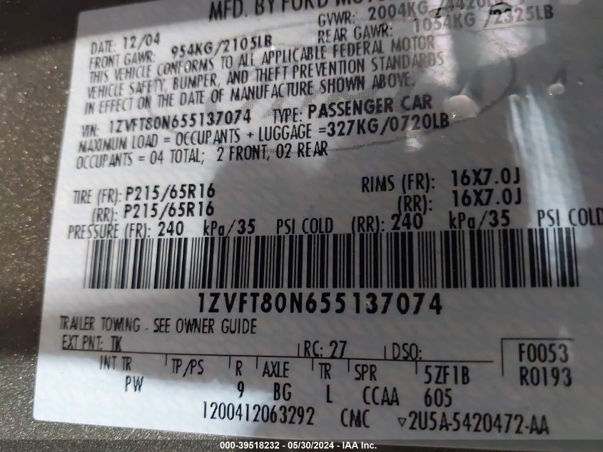 2005 Ford Mustang V6 Deluxe/V6 Premium VIN: 1ZVFT80N655137074 Lot: 39518232