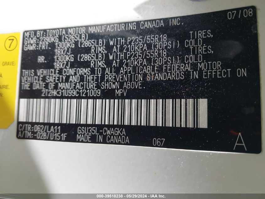 2009 Lexus Rx 350 VIN: 2T2HK31U99C121009 Lot: 39518238