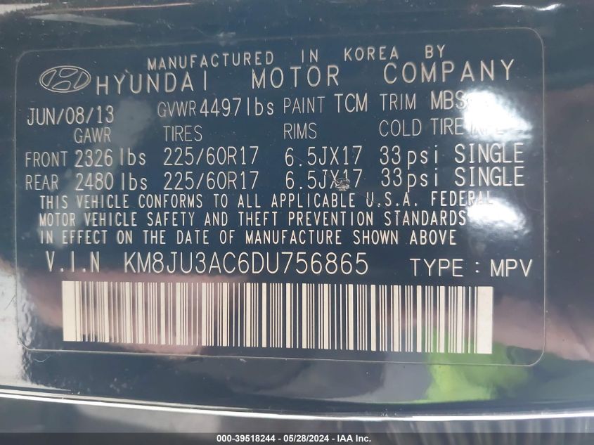 2013 Hyundai Tucson Gls VIN: KM8JU3AC6DU756865 Lot: 39518244