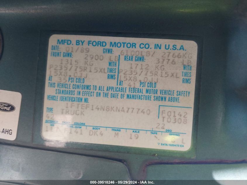 1989 Ford F150 VIN: 1FTEF14N8KNA77740 Lot: 39518246