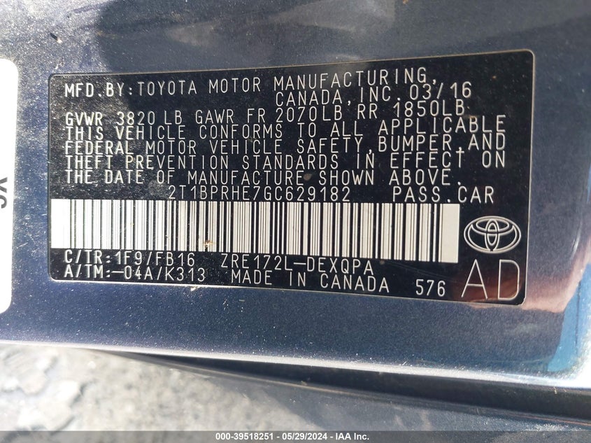 2016 Toyota Corolla Le Eco VIN: 2T1BPRHE7GC629182 Lot: 39518251