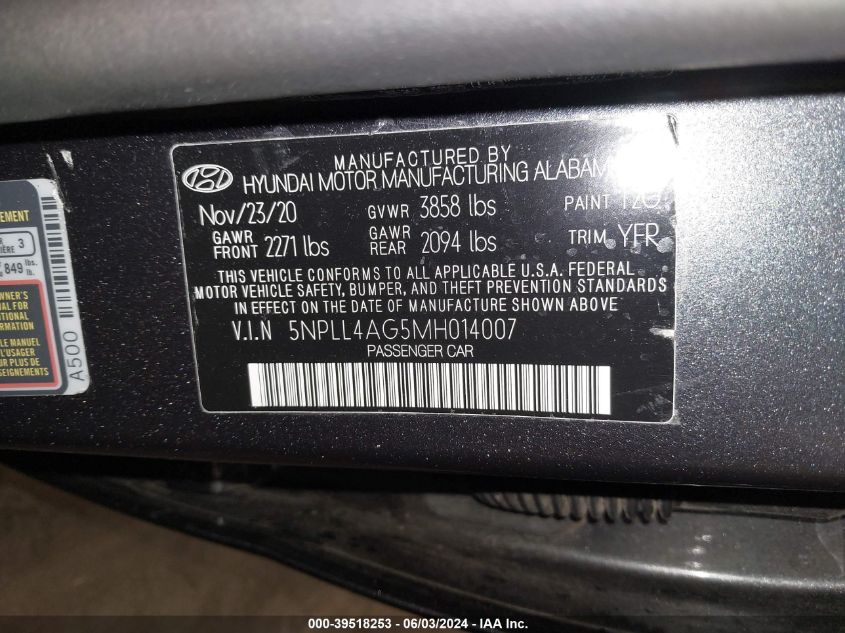 5NPLL4AG5MH014007 2021 Hyundai Elantra Se