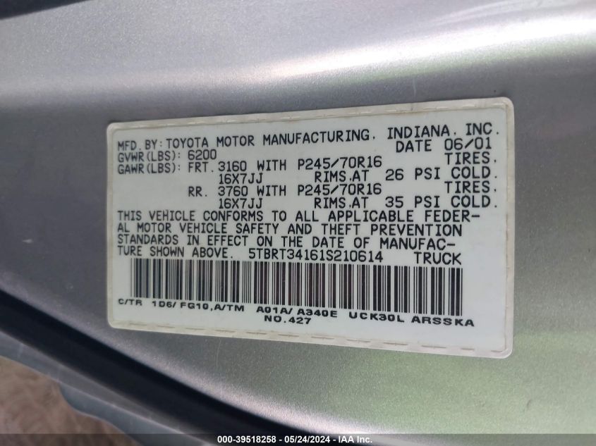 2001 Toyota Tundra Sr5 V8 VIN: 5TBRT34161S210614 Lot: 39518258