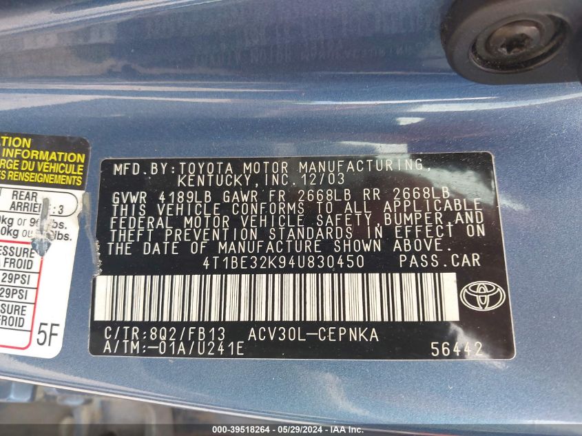 2004 Toyota Camry Le VIN: 4T1BE32K94U830450 Lot: 39518264